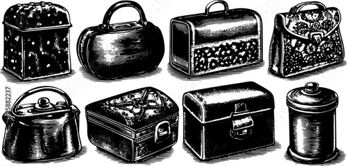 Antique containers and boxes in engravings style. Hand-drawn vintage illustration featuring various vessels and bags, presented as a set of vector art.