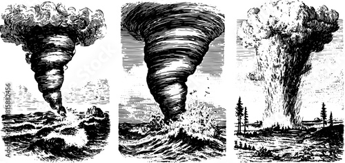 Tornado and storm engravings with waves and clouds. Black and white, hand-drawn vector illustrations showcasing the power of nature in a set.