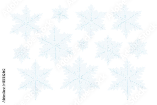 Intricate Snowflake Flurry. A set of snowflakes in different intricate designs and sizes, each flake showcasing its unique symmetry and pattern. Arranged randomly,. Vector illustration