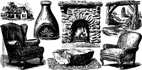 Engravings of antique furniture and rustic elements. Vintage vector illustration set showcasing chairs and a fireplace for home decor.
