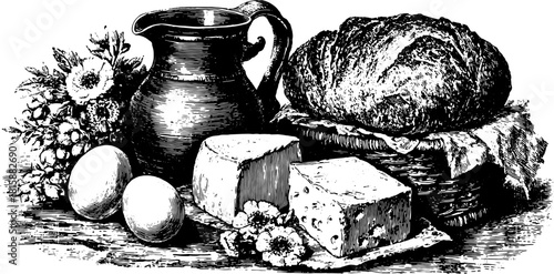 Cheese, bread, and eggs arranged with a jug and flowers. Vintage vector illustration showcasing detailed hand-drawn elements in a kitchen set.
