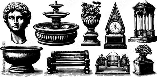 Classical decorative elements including a statue, fountain, urn, and clock. This vector illustration showcases an elegant set of designs.