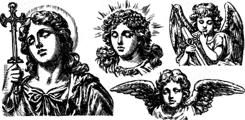Vector illustration of angels and religious heads. Vintage sketches reflecting spirituality and faith themes in a cohesive set.