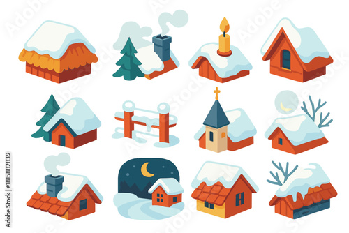 Winter Village Icons. Village Rooftops flat icon set: thatched roofs with snow, stone chimneys, warm candlelight, pine trees, smoke curls, snow-covered fences, church spire