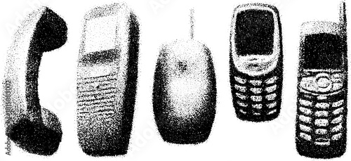 Vintage phones and mobile devices in black outline drawing style. Retro vector illustration set showcasing classic telephone designs.