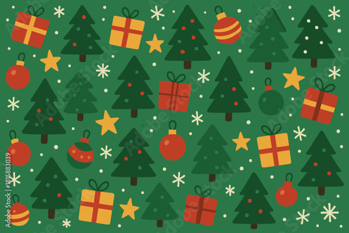 Whimsical Holiday Wonderland. Christmas trees and stars interspersed among gift boxes and ornaments create a whimsical holiday pattern. The green canvas is dotted. Vector illustration