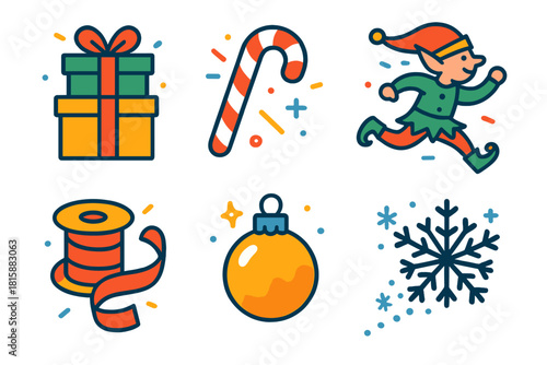 Festive Icon Frenzy. Cheerful Chaos flat icon set : wrapped packages, candy cane, running elf, ribbon spool, glowing ornament, snowflake trail
