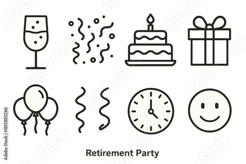 Retirement Celebration Icons. Retirement Party linear icon set: champagne glass, confetti, cake, gift box, balloons, streamers, clock, smiling face