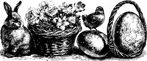 Vintage engraving featuring a rabbit, chick, flowers, and eggs. Detailed black outline drawing in a decorative vector illustration set.