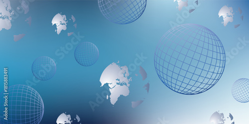 Scattered translucent blue grid globes and abstract white continent-like shapes in a dynamic digital composition.