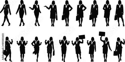 Businesswoman silhouette, professional female poses, office gestures, career woman, leadership stance, workplace diversity, confident posture, corporate attire, empowerment, action