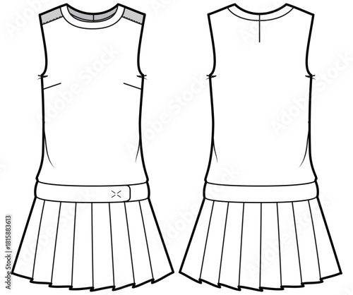 Women Sleeveless Sport shift dress design flat sketch fashion illustration with front and back view. Drop waist Tennis dress sports wear jersey uniform kit for girls and ladies