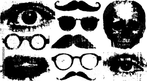 Engraving illustration featuring vintage outlines of a skull, eye, glasses, mustaches, and beard in black and white. This artistic set captures retro styles.
