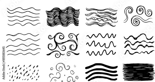 Lines in various styles and textures featuring waves and curls. This vector set includes hand-drawn illustrations for modern artistic projects.
