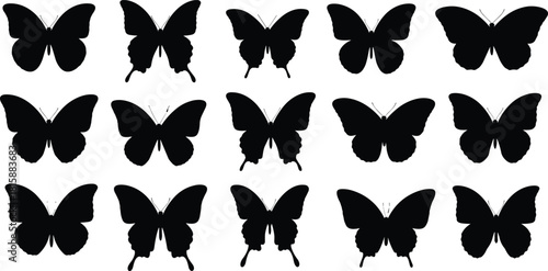 Butterfly silhouette collection, flying insect icons, black butterfly design, nature illustration, decorative insect shapes, isolated vector pattern, wildlife art background