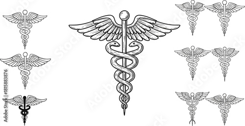 Caduceus symbol illustration, medical icon variations, healthcare emblem, serpent staff, wings, medicine design, hospital logo, vector art, healing concept, graphic