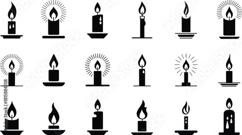 Candle icon set, black silhouette candles, flame variations, wax dripping, vintage candle holders, minimalist design, spiritual decor, vector illustration