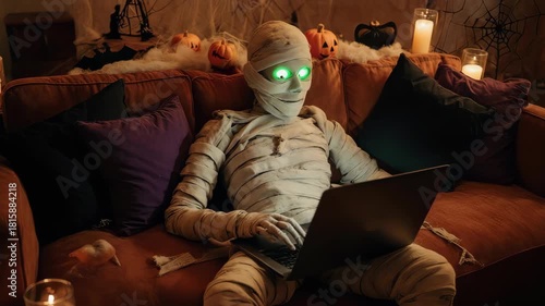 Mummy's Night In: Halloween Fun with Laptop on Couch