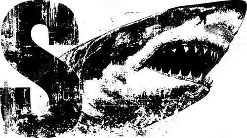 Shark illustration in silhouette style. Black outline vector print with stipple texture, a vintage representation of a marine predator.