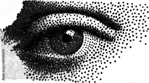 Eye illustration featuring a detailed dot pattern in black and white. Modern vector illustration emphasizing texture and clarity.