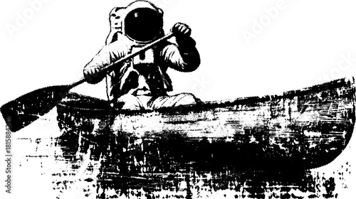 Astronaut in kayak silhouette vector illustration. Retro hand-drawn engraving style with a vintage look. Perfect for outdoor themes.