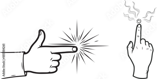 Black and White Line Art Illustration of Hands Pointing and Tapping Gestures