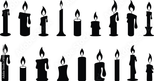 Candle silhouettes collection, burning wax candle illustration, glowing flame vector, night light design, decorative candle artwork, black candle shapes, spiritual symbols