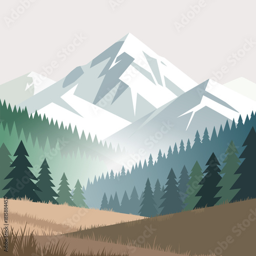 Vector illustration of a wheat field before a forest backed by misty mountains, using deep natural tones and minimalist style to convey freshness