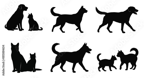 Collection of dog and cat silhouettes in various poses silhouette