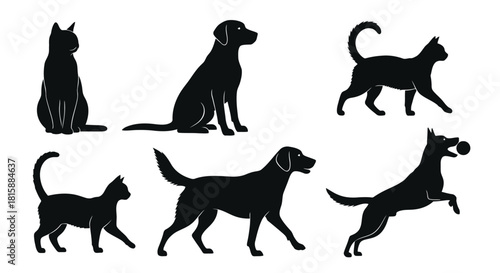 Collection of cat and dog silhouettes in various poses silhouette