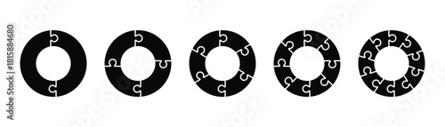 Circular puzzle icon set. Pieces puzzle on circle. Round puzzle collection. Diagram template. 