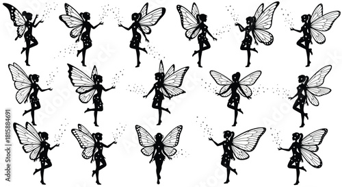 Collection of butterfly fairy silhouettes with sparkles