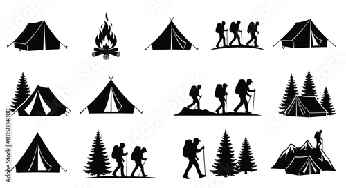 Collection of camping and hiking silhouette icons