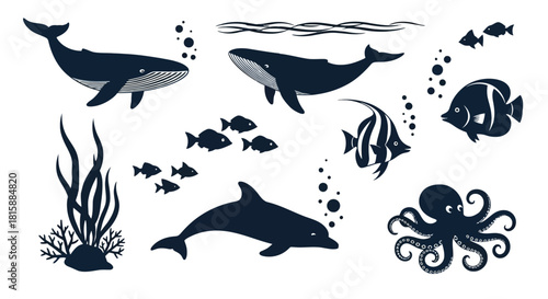 Collection of marine life and underwater elements silhouette