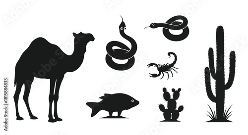 Desert animals and plants silhouette collection