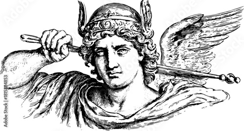 Vintage engraving of a classical character in detailed line work and shading. This historical illustration features an armored figure in a black and white vector style.