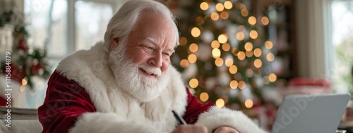 Santa Claus, dressed in his traditional red suit, sits happily at a table, writing letters to children. The room is filled with festive decorations, a glowing tree, and warm holiday cheer