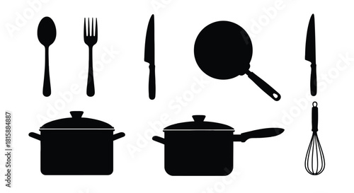 Collection of kitchen utensils and cookware silhouette