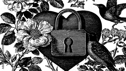 Vintage engraving of a lock on a heart surrounded by flowers and birds. Detailed black and white vector illustration within a decorative set.