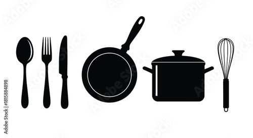 Collection of kitchen utensils and cookware silhouette