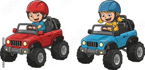 Cartoon children driving toy off-road vehicles, red and blue helmets, outdoor adventure, playful racing, fun kids activity, rugged terrain