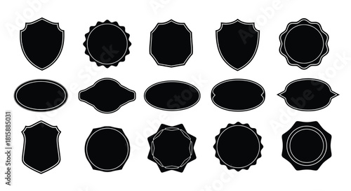 Collection of diverse black shield and oval badge shapes silhouette