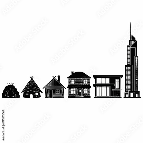 Evolution of dwellings: from cave to hut, wooden house, brick house, modern house, and skyscraper.