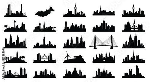 Collection of diverse city skylines and landmarks silhouette