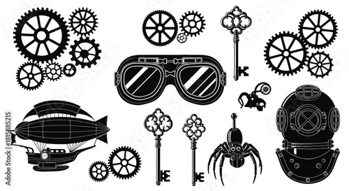 Steampunk elements collection silhouette