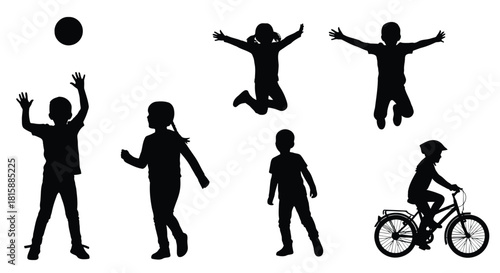 Collection of children playing and jumping silhouette
