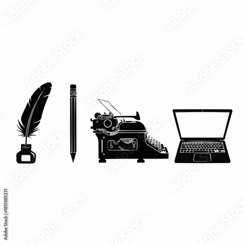 A progression of writing tools, from quill and ink to modern laptop.
