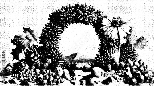 Botanical arch formed by various plants and cacti. Black and white vector illustration with detailed textures and contours in a natural landscape set.