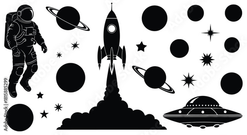 Astronaut rocket planets stars and ufo silhouette