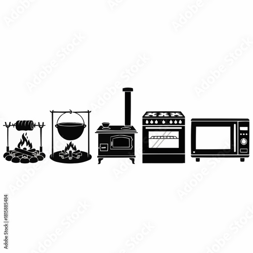 A collection of cooking appliances, ranging from primitive to modern, depicted in black and white.